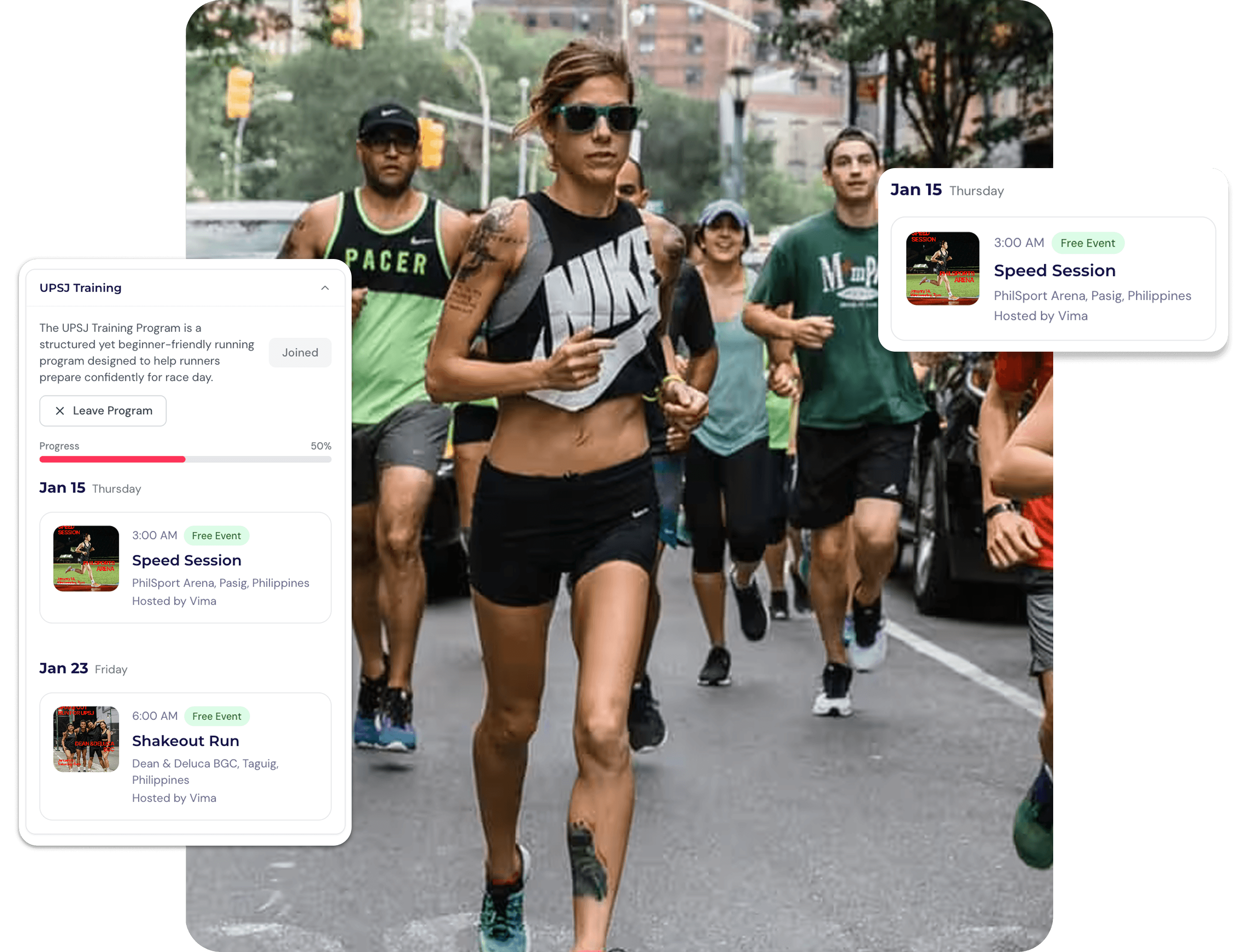 Runners on street with training program UI